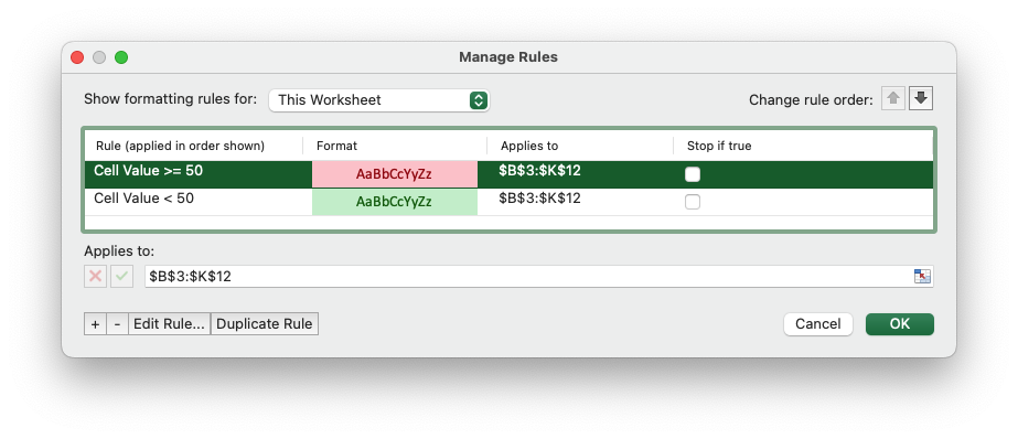 Image of Excel conditional format rules