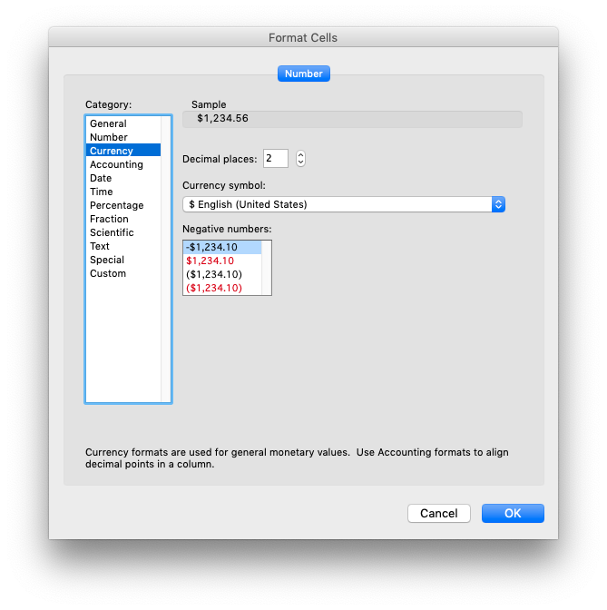 Image of Excel dialog to set number formats