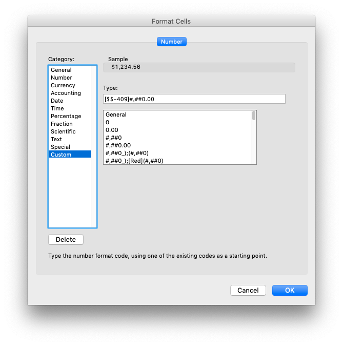 Image of Excel dialog to set number formats
