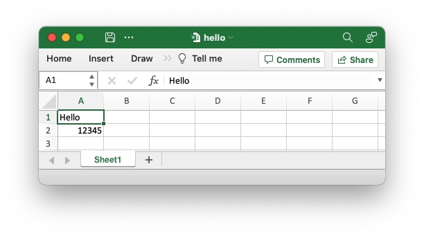 Image of hello world Excel output