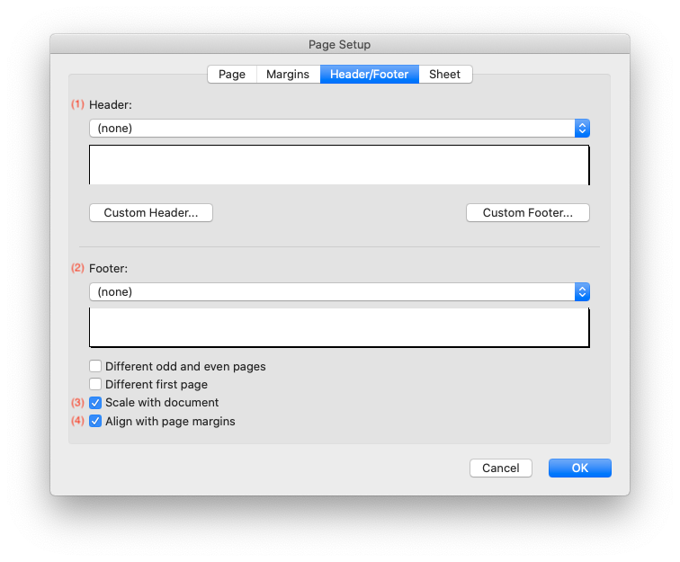 Image of Page Setup Dialog Header/Footer section