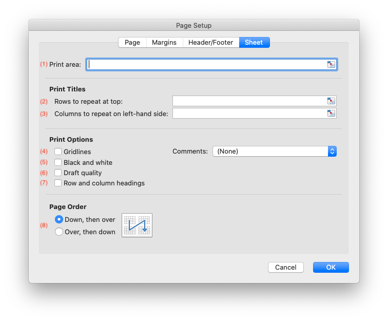 Image of Page Setup Dialog Sheet section