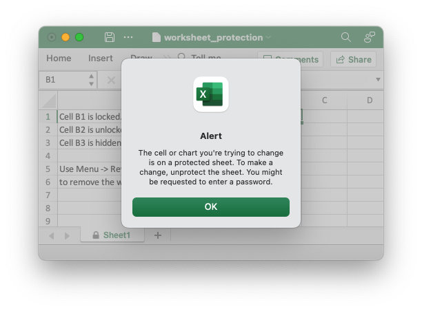 Image of a worksheet with a sheet protection dialog