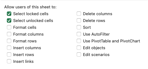 Excel worksheet protection options