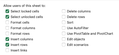 Excel worksheet protection options