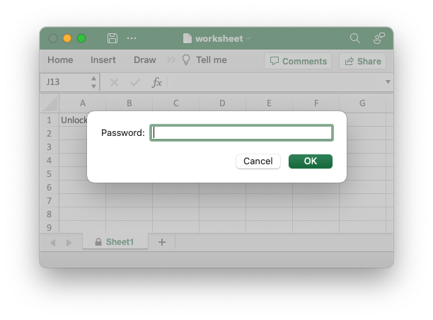 Image of a worksheet with a password dialog